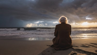 solo,short hair,long sleeves,1boy,sitting,white hair,grey hair,male focus,outdoors,sky,day,cloud,water,from behind,coat,ocean,beach,sunlight,cloudy sky,scenery,sunset,sand,horizon,facing away,brown coat,waves,shore,single hair bun,light rays,old,old man