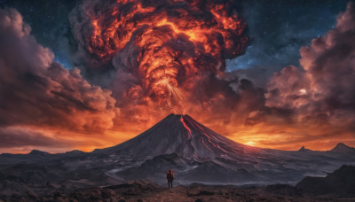 solo, 1boy, standing, outdoors, sky, cloud, from behind, night, cloudy sky, fire, star (sky), night sky, scenery, 1other, starry sky, mountain, ambiguous gender, molten rock