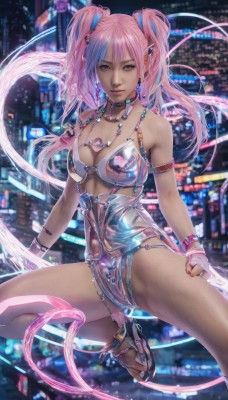 1girl,solo,long hair,breasts,looking at viewer,bangs,gloves,navel,cleavage,bare shoulders,twintails,jewelry,medium breasts,pink hair,multicolored hair,earrings,spread legs,fingerless gloves,pink eyes,necklace,blurry,high heels,leotard,lips,see-through,blurry background,realistic,blue eyes,hair ornament,swimsuit,bikini,outdoors,parted lips,choker,pointy ears,shiny,artist name,bracelet,shiny skin,night,watermark,piercing,ear piercing,armband,web address,city,city lights,cyberpunk