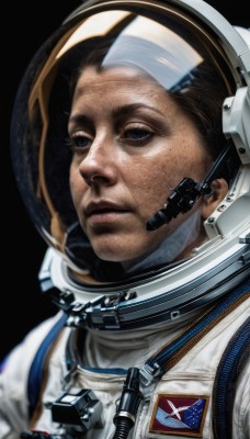 solo,blue eyes,simple background,black hair,1boy,closed mouth,upper body,male focus,black eyes,lips,helmet,black background,portrait,realistic,space,american flag,spacesuit,space helmet,astronaut,brown hair,facial hair,freckles,reflection,science fiction,planet,earth (planet),pilot,united states