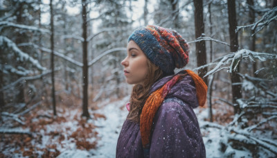 1girl, solo, blue eyes, brown hair, hat, jewelry, upper body, outdoors, hood, necklace, scarf, blurry, from side, tree, lips, profile, snow, snowing, realistic, nose, beanie, winter