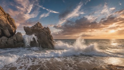 outdoors,sky,day,cloud,water,blue sky,no humans,ocean,beach,sunlight,cloudy sky,scenery,sunset,rock,mountain,sand,sun,horizon,waves,shore,cliff