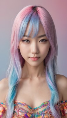 1girl,solo,long hair,breasts,looking at viewer,smile,bangs,simple background,cleavage,bare shoulders,brown eyes,medium breasts,closed mouth,blue hair,collarbone,upper body,pink hair,multicolored hair,two-tone hair,lips,gradient,gradient background,eyelashes,gradient hair,makeup,freckles,realistic,jewelry,necklace,mole,pink background