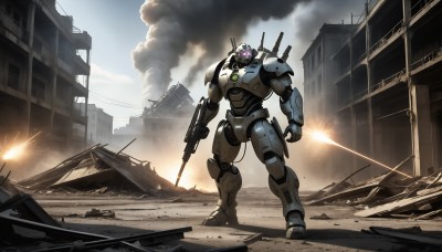 HQ,solo,holding,standing,purple eyes,weapon,outdoors,sky,cloud,holding weapon,gun,no humans,glowing,robot,building,clenched hand,holding gun,mecha,smoke,science fiction,city,realistic,explosion,ruins,damaged,firing,debris,dust,rubble,radio antenna,cloudy sky