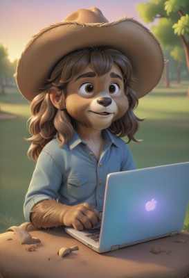 1girl,solo,long hair,smile,open mouth,bangs,brown hair,shirt,1boy,hat,animal ears,brown eyes,upper body,male focus,outdoors,parted lips,teeth,day,collared shirt,artist name,signature,blurry,tree,buttons,blurry background,watermark,thick eyebrows,grass,blue shirt,furry,sleeves rolled up,pocket,sunset,animal hands,furry female,brown headwear,straw hat,breast pocket,furry male,computer,body fur,animal nose,laptop,cowboy hat,snout,brown fur,gloves,medium hair,web address,freckles,nose,shell