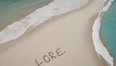 solo,outdoors,water,english text,no humans,ocean,beach,sand,waves,shore,desert,simple background,white background,food,rice,food focus,still life