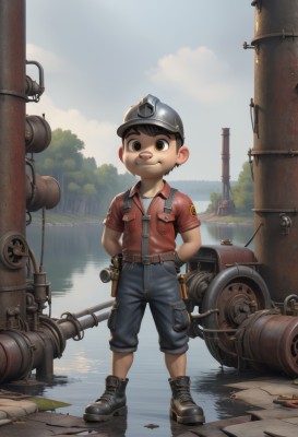 solo,smile,brown hair,shirt,1boy,hat,brown eyes,closed mouth,standing,full body,weapon,short sleeves,male focus,boots,outdoors,sky,shorts,day,belt,pants,cloud,water,black footwear,tree,helmet,red shirt,child,pocket,hands in pockets,male child,looking at viewer,black hair,gloves,arms behind back,bandaid,bandaid on face