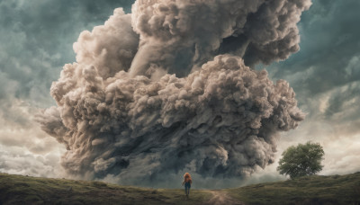 solo, 1boy, standing, outdoors, sky, cloud, tree, cloudy sky, grass, scenery