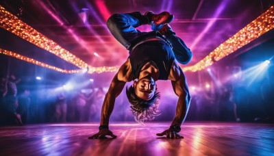 solo,1boy,jewelry,male focus,earrings,shoes,sleeveless,pants,dark skin,muscular,dark-skinned male,tank top,denim,wristband,sneakers,upside-down,jeans,stage,stage lights,handstand,short hair,shirt,black hair,gloves,full body,teeth,blurry,black shirt,lights,stadium,audience