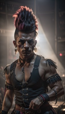 solo,looking at viewer,short hair,black hair,1boy,jewelry,closed mouth,upper body,male focus,red hair,multicolored hair,earrings,sleeveless,belt,indoors,dark skin,necklace,blurry,vest,bracelet,two-tone hair,tattoo,muscular,blurry background,dark-skinned male,ring,feathers,clenched hand,armlet,realistic,facepaint,mohawk,afro,shirt,artist name,mole,black eyes,piercing,armband