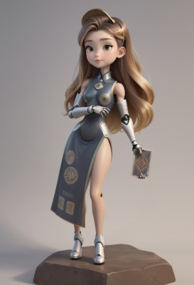 1girl,solo,long hair,breasts,looking at viewer,simple background,brown hair,gloves,hat,dress,holding,bare shoulders,brown eyes,closed mouth,standing,full body,small breasts,boots,sleeveless,grey background,high heels,lips,sleeveless dress,blue dress,chinese clothes,china dress,forehead,science fiction,card,android,joints,mechanical arms,cyborg,robot joints,mechanical legs,faux figurine,white background,thighs,book,white footwear,gauntlets,pelvic curtain,side slit,holding book