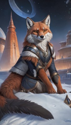 solo,looking at viewer,smile,1boy,animal ears,brown eyes,jewelry,closed mouth,tail,yellow eyes,male focus,outdoors,sky,artist name,cape,armor,fur trim,capelet,night,animal,moon,feathers,building,gem,star (sky),night sky,furry,snow,starry sky,breastplate,snowing,fantasy,vambraces,furry male,body fur,white fur,winter,castle,wolf,black fur,orange fur,sitting,necklace,no humans,animal focus