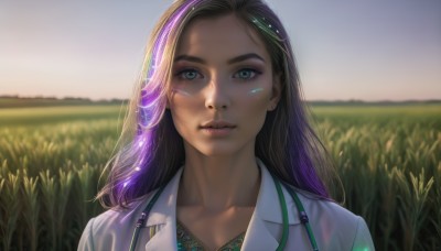 1girl,solo,long hair,looking at viewer,brown hair,shirt,black hair,jewelry,closed mouth,green eyes,collarbone,white shirt,upper body,purple hair,multicolored hair,earrings,outdoors,parted lips,day,collared shirt,dark skin,mole,blurry,two-tone hair,dark-skinned female,lips,streaked hair,eyelashes,makeup,blurry background,grass,lipstick,portrait,eyeshadow,freckles,realistic,nose,labcoat,eyeliner,mascara,blue eyes,sky,aqua eyes,sunlight,thick eyebrows,forehead,backlighting,stud earrings,field