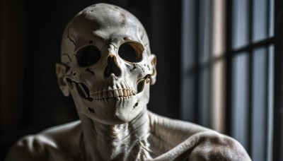 solo,1boy,male focus,teeth,shiny,indoors,blurry,no humans,blurry background,portrait,1other,skull,realistic,bald,skeleton,horror (theme),upper body,window