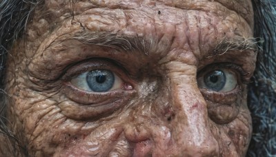 1girl,solo,looking at viewer,blue eyes,blue hair,hand up,lips,eyelashes,portrait,close-up,realistic,cracked skin,eye focus,1boy,male focus,blood,veins,blood on face