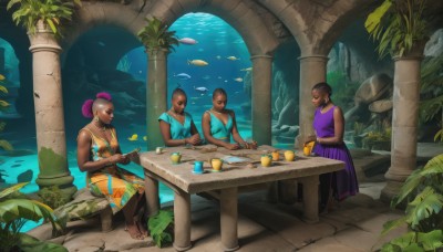 smile,short hair,multiple girls,brown hair,black hair,dress,jewelry,sitting,pink hair,purple hair,earrings,food,barefoot,sleeveless,dark skin,3girls,water,necklace,hair bun,nail polish,dark-skinned female,cup,4girls,double bun,leaf,table,single hair bun,plant,purple dress,plate,fish,underwater,toenail polish,pillar,column,tablecloth,aquarium,2girls,multiple boys,2boys,bracelet,tattoo,fruit,facial hair,bird,dark-skinned male,3boys,tank top,beard,hoop earrings,rock,mug,bald,very short hair,mohawk,turtle