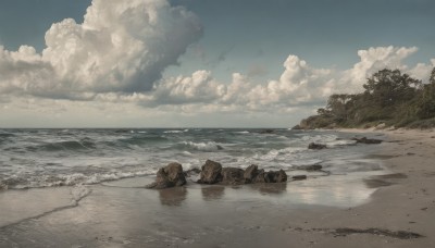 outdoors,sky,day,cloud,water,tree,blue sky,no humans,ocean,beach,cloudy sky,nature,scenery,rock,sand,horizon,waves,shore