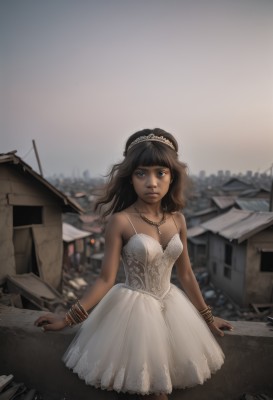 1girl,solo,long hair,breasts,looking at viewer,bangs,blue eyes,brown hair,black hair,dress,bare shoulders,jewelry,standing,small breasts,outdoors,sky,sleeveless,artist name,signature,dark skin,necklace,white dress,blurry,bracelet,dark-skinned female,lips,blurry background,watermark,ring,tiara,building,web address,realistic,house,earrings,nail polish,bangle