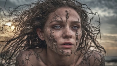 1girl,solo,long hair,looking at viewer,blue eyes,brown hair,black hair,collarbone,outdoors,parted lips,sky,cloud,blurry,lips,floating hair,cloudy sky,messy hair,portrait,freckles,realistic,nose,dirty,nude,grey eyes,blurry background,wind,close-up,dirty face