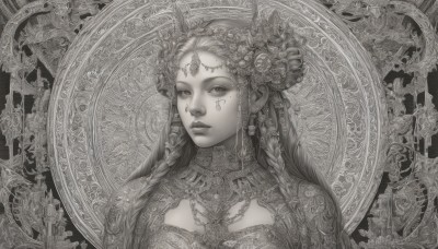 1girl,solo,long hair,looking at viewer,hair ornament,jewelry,closed mouth,monochrome,upper body,braid,flower,greyscale,earrings,hair flower,necklace,twin braids,lips,clothing cutout,eyelashes,facial mark,expressionless,portrait,circlet,multiple braids,breasts,dress,parted lips,veil,forehead mark,realistic,headdress