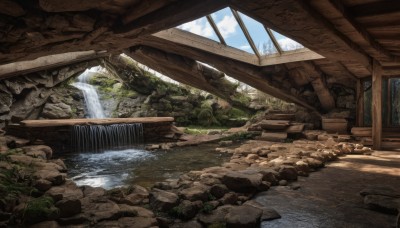 outdoors,sky,day,cloud,indoors,signature,water,tree,blue sky,no humans,window,plant,building,nature,scenery,rock,ruins,bridge,river,waterfall,moss,overgrown,stone,stream