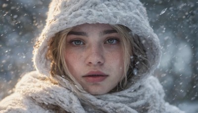 1girl,solo,looking at viewer,short hair,blue eyes,blonde hair,outdoors,parted lips,teeth,artist name,hood,scarf,blurry,lips,grey eyes,eyelashes,blurry background,looking up,portrait,snow,close-up,hood up,freckles,snowing,realistic,nose,winter,hat,green eyes,fur trim,thick eyebrows,white scarf,winter clothes