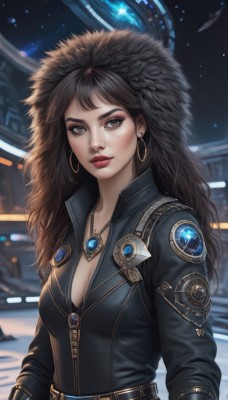 1girl,solo,long hair,breasts,looking at viewer,brown hair,black hair,long sleeves,cleavage,brown eyes,jewelry,medium breasts,jacket,upper body,earrings,parted lips,belt,necklace,blurry,lips,black jacket,looking to the side,grey eyes,fur trim,eyelashes,makeup,night,blurry background,lipstick,star (sky),buckle,pendant,zipper,starry sky,science fiction,hoop earrings,belt buckle,realistic,nose,red lips,eyeliner,space,leather,big hair,planet,leather jacket,bangs,closed mouth,outdoors,artist name,signature,hood,thick eyebrows,gem