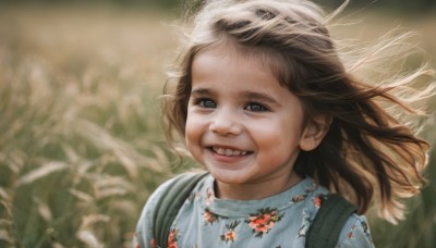 1girl,solo,long hair,looking at viewer,smile,open mouth,blue eyes,brown hair,shirt,white shirt,upper body,flower,outdoors,teeth,grin,blurry,black eyes,lips,floating hair,depth of field,blurry background,floral print,suspenders,blue shirt,wind,child,portrait,realistic,female child,brown eyes,bag,parody,backpack,messy hair