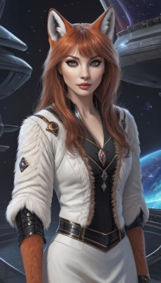 1girl,solo,long hair,breasts,looking at viewer,skirt,brown hair,gloves,animal ears,brown eyes,jewelry,jacket,earrings,belt,necklace,lips,fur trim,black shirt,fox ears,makeup,white jacket,lipstick,star (sky),freckles,realistic,red lips,space,planet,earth (planet),spacecraft,bangs,shirt,fox girl,science fiction,white pants,fur