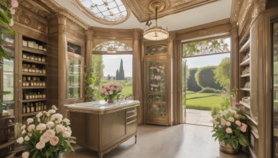 flower,outdoors,sky,day,cloud,indoors,tree,book,no humans,window,rose,chair,table,plant,white flower,building,scenery,pink flower,door,clock,bookshelf,potted plant,architecture,shelf,vase,flower pot,garden,artist name,signature,grass,library