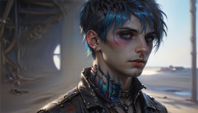 solo,looking at viewer,short hair,bangs,blue eyes,black hair,1boy,jewelry,blue hair,jacket,male focus,earrings,outdoors,parted lips,necklace,blurry,lips,black jacket,wet,depth of field,blurry background,facial hair,scar,piercing,ear piercing,portrait,science fiction,realistic,nose,stud earrings,wet hair,leather,cyborg,dirty,leather jacket,upper body,day,shiny,collar,tattoo,makeup,messy hair,facial tattoo,neck tattoo