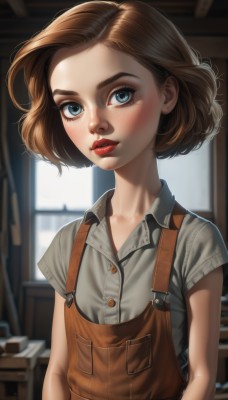 1girl,solo,looking at viewer,blush,short hair,blue eyes,brown hair,shirt,jewelry,white shirt,upper body,short sleeves,earrings,parted lips,collared shirt,indoors,blurry,flat chest,lips,window,buttons,blurry background,suspenders,lipstick,child,grey shirt,freckles,red lips,female child,stud earrings,overalls,collarbone,artist name,eyelashes,dress shirt,makeup,depth of field,thick eyebrows,wing collar,realistic,nose,mascara