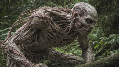 solo,1boy,outdoors,teeth,blurry,from side,tree,orange eyes,no humans,plant,robot,nature,forest,science fiction,monster,realistic,cable,skeleton,alien,wire,blurry background