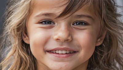 1girl,solo,looking at viewer,smile,open mouth,blonde hair,simple background,brown hair,brown eyes,parted lips,teeth,grey background,lips,portrait,close-up,realistic,nose,long hair,grin,eyelashes,messy hair