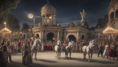 outdoors,multiple boys,sky,cloud,tree,night,6+girls,moon,building,star (sky),night sky,scenery,full moon,starry sky,6+boys,riding,architecture,horse,castle,statue,crowd,horseback riding,unicorn,long hair,multiple girls,hat,armor,animal,cloak,rabbit,robe,fantasy,flag,banner,arch