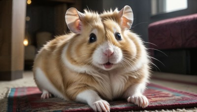 HQ,looking at viewer,open mouth,full body,indoors,blurry,black eyes,no humans,depth of field,blurry background,animal,cat,realistic,animal focus,mouse,whiskers,carpet,hamster,rug,solo,window,watermark,couch,wooden floor,white fur