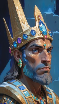 solo,long hair,looking at viewer,blue eyes,black hair,1boy,jewelry,closed mouth,grey hair,male focus,earrings,dark skin,necklace,armor,facial hair,blue background,dark-skinned male,thick eyebrows,crown,gem,portrait,beard,mustache,blue gemstone,realistic