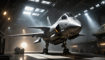 HQ,indoors,signature,military,no humans,window,robot,building,mecha,flying,science fiction,realistic,aircraft,military vehicle,airplane,light,vehicle focus,spacecraft,lights,jet,fighter jet,variable fighter,scenery,cockpit