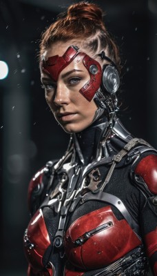 1girl,solo,breasts,looking at viewer,short hair,blue eyes,brown hair,medium breasts,upper body,hair bun,armor,lips,bodysuit,headgear,single hair bun,science fiction,realistic,nose,shiny,signature,genderswap,cyborg,cyberpunk