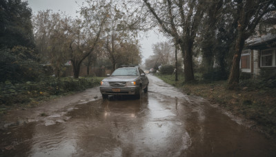 outdoors, sky, day, tree, no humans, grass, ground vehicle, building, scenery, motor vehicle, realistic, car, road, house