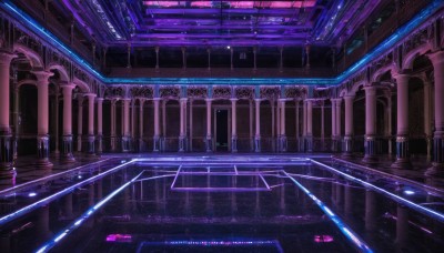 indoors,no humans,scenery,reflection,science fiction,light,pillar,train station,neon lights,stairs,fantasy,architecture,ruins,arch,column