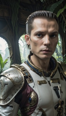 solo,looking at viewer,short hair,blue eyes,black hair,1boy,closed mouth,upper body,grey hair,male focus,indoors,armor,blurry,black eyes,lips,grey eyes,blurry background,shoulder armor,pauldrons,realistic,very short hair,leaf,expressionless,plant,science fiction