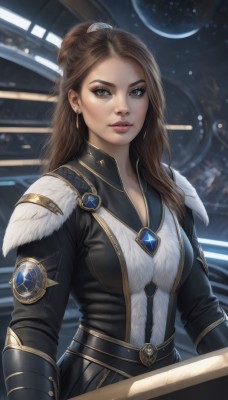 1girl,solo,long hair,breasts,looking at viewer,brown hair,long sleeves,brown eyes,jewelry,medium breasts,upper body,earrings,belt,indoors,armor,lips,makeup,brooch,gem,realistic,nose,planet,cleavage,ponytail,parted lips,artist name,fur trim