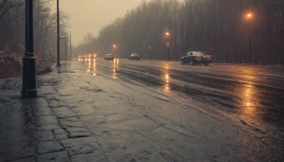 outdoors,water,tree,no humans,night,ground vehicle,nature,scenery,motor vehicle,forest,reflection,rain,car,road,vehicle focus,lamppost,street,puddle,sky,realistic,light,bare tree,pavement,sidewalk