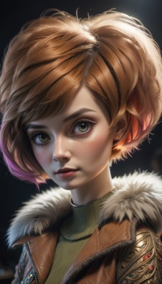 1girl,solo,looking at viewer,short hair,bangs,brown hair,jewelry,closed mouth,green eyes,jacket,upper body,multicolored hair,artist name,orange hair,blurry,sweater,lips,fur trim,eyelashes,makeup,turtleneck,lipstick,gem,portrait,ribbed sweater,freckles,brown jacket,realistic,nose,fur-trimmed jacket,simple background,brown eyes,purple hair,parted lips,open clothes,open jacket,swept bangs,watermark,black background,backlighting,fur collar,turtleneck sweater,red lips,eyeliner,leather,dark background,leather jacket,mascara