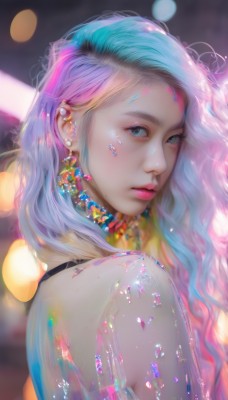 1girl,solo,long hair,looking at viewer,blue eyes,blonde hair,bare shoulders,jewelry,closed mouth,blue hair,upper body,pink hair,purple hair,multicolored hair,earrings,looking back,blurry,from side,two-tone hair,lips,see-through,eyelashes,gradient hair,makeup,depth of field,blurry background,piercing,lipstick,gem,ear piercing,eyeshadow,realistic,nose,mascara,rainbow hair,dress,green eyes,parted lips,choker,artist name,mole,looking to the side,aqua hair,watermark,wavy hair,pink lips,bokeh,pearl (gemstone)