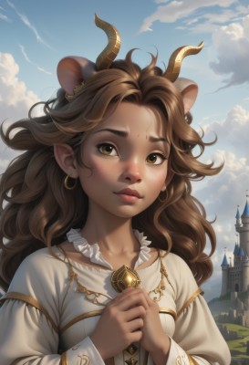 1girl,solo,long hair,looking at viewer,brown hair,shirt,long sleeves,dress,animal ears,brown eyes,jewelry,closed mouth,collarbone,yellow eyes,white shirt,upper body,earrings,outdoors,horns,sky,day,pointy ears,artist name,cloud,white dress,dark-skinned female,blue sky,lips,watermark,cloudy sky,own hands together,brooch,extra ears,forehead,freckles,realistic,nose,castle,necklace,wavy hair,scenery,hoop earrings