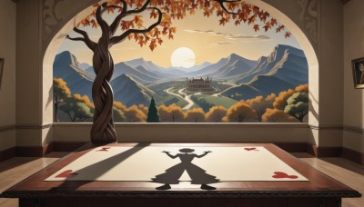 outdoors,sky,cloud,tree,no humans,shadow,leaf,table,sunlight,building,nature,scenery,sunset,mountain,sun,silhouette,autumn leaves,maple leaf,architecture,house,east asian architecture,autumn,landscape,mountainous horizon,painting (object),solo,1boy,window