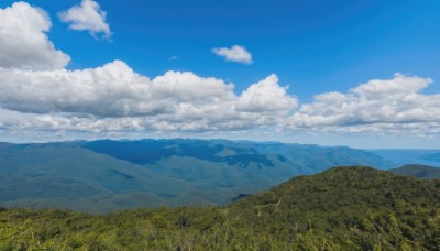 outdoors,sky,day,cloud,tree,blue sky,no humans,cloudy sky,grass,nature,scenery,mountain,field,landscape,mountainous horizon,hill,horizon