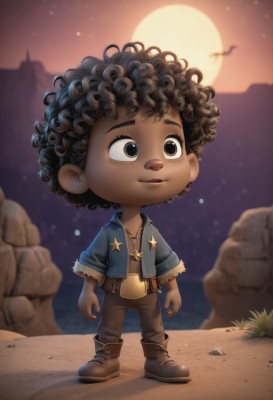 solo,smile,brown hair,black hair,1boy,brown eyes,jewelry,standing,jacket,full body,male focus,boots,outdoors,sky,pants,artist name,dark skin,necklace,chibi,blurry,black eyes,dark-skinned female,night,blurry background,bird,brown footwear,moon,dark-skinned male,looking up,child,star (sky),night sky,full moon,starry sky,curly hair,rock,sun,male child,brown pants,very dark skin,cliff,afro,1girl,short hair,shirt,parted lips,open clothes,belt,star (symbol),open jacket,lips,depth of field,watermark,denim,blue jacket,backlighting,cropped jacket,sunset,looking afar,sunrise